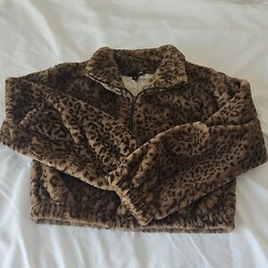 Fashion Nova Brown Leopard Faux Fur Half-Zip Pullover
